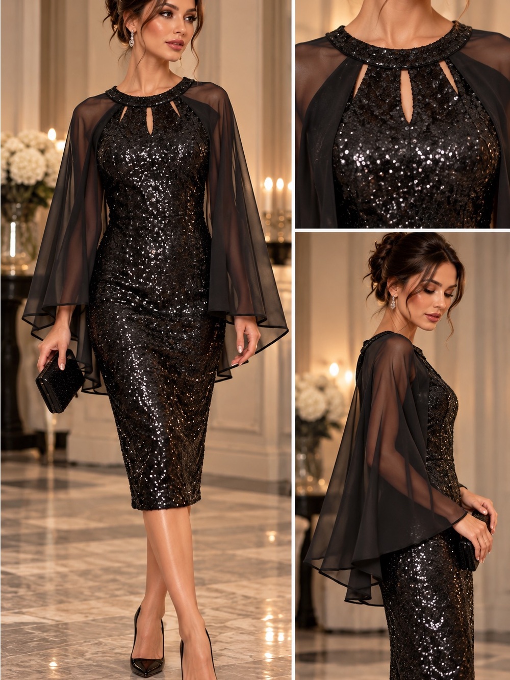 Nightway black sequin midi dress with sheer cape overlay size 6